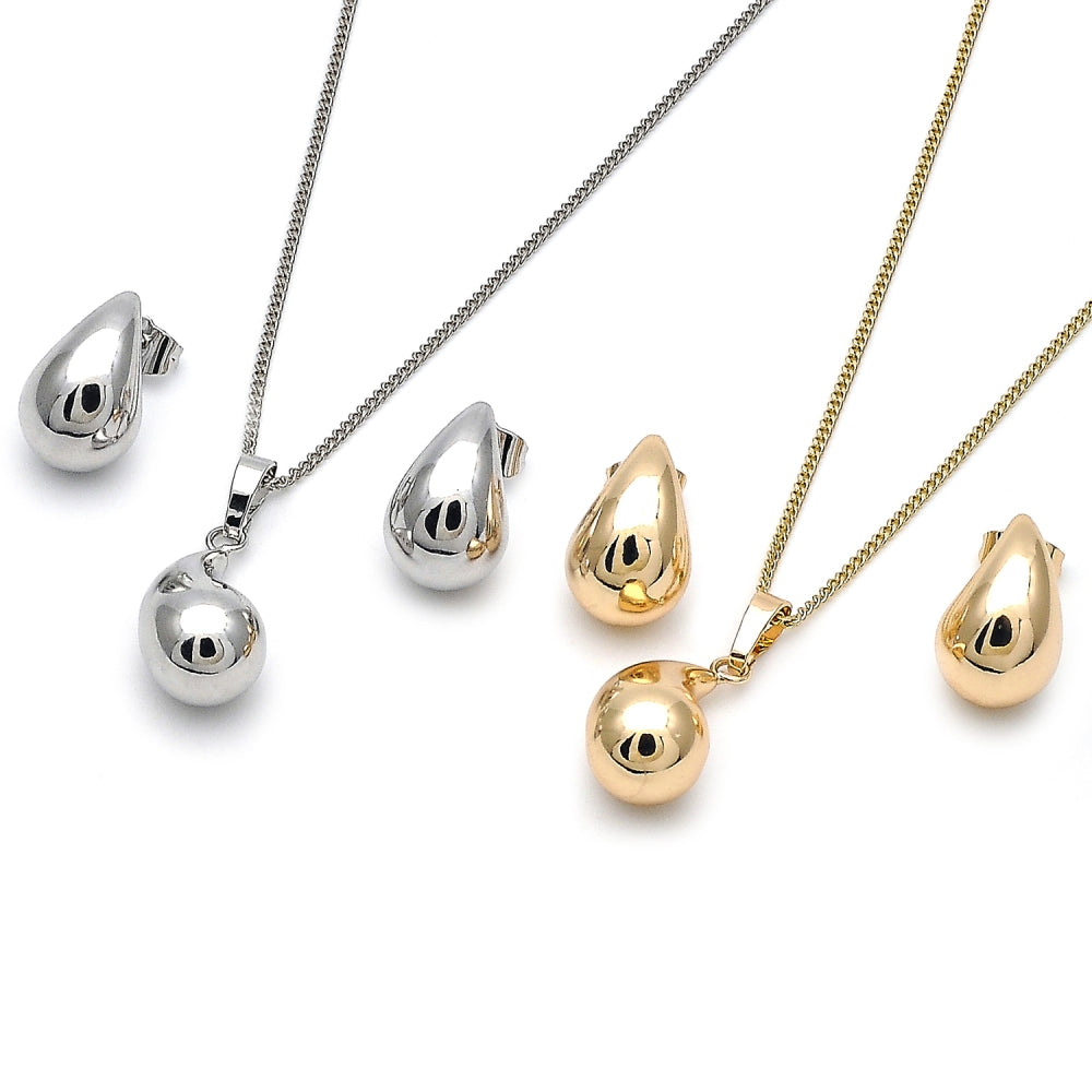 Rhodium Gold Filled Earring and Pendant Adult Set, Teardrop and Hollow Design, Polished, Rhodium Finish