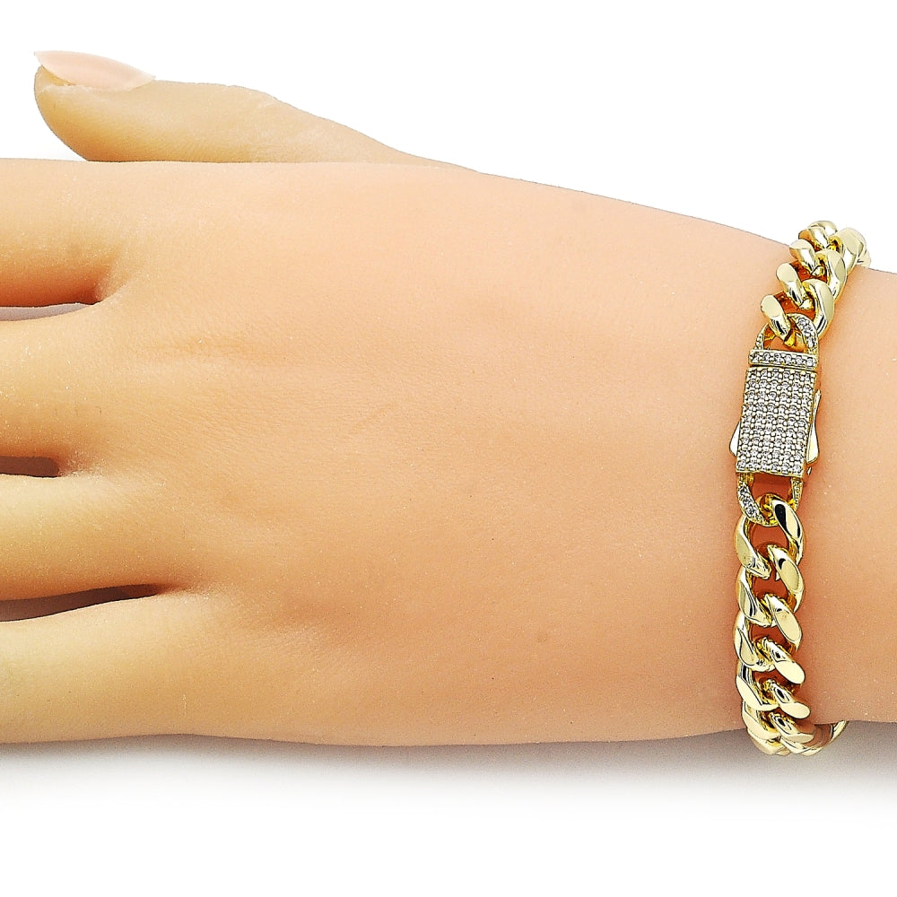 Oro Laminado Fancy Bracelet, Gold Filled Style Miami Cuban Design, with White Micro Pave, Polished, Golden Finish
