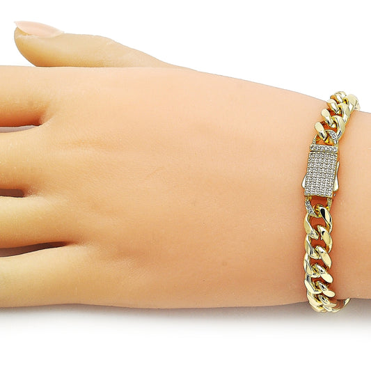 Oro Laminado Fancy Bracelet, Gold Filled Style Miami Cuban Design, with White Micro Pave, Polished, Golden Finish