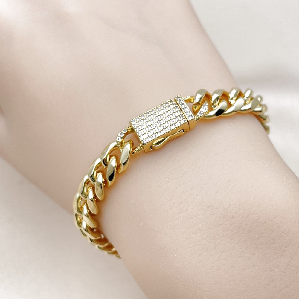 Oro Laminado Fancy Bracelet, Gold Filled Style Miami Cuban Design, with White Micro Pave, Polished, Golden Finish