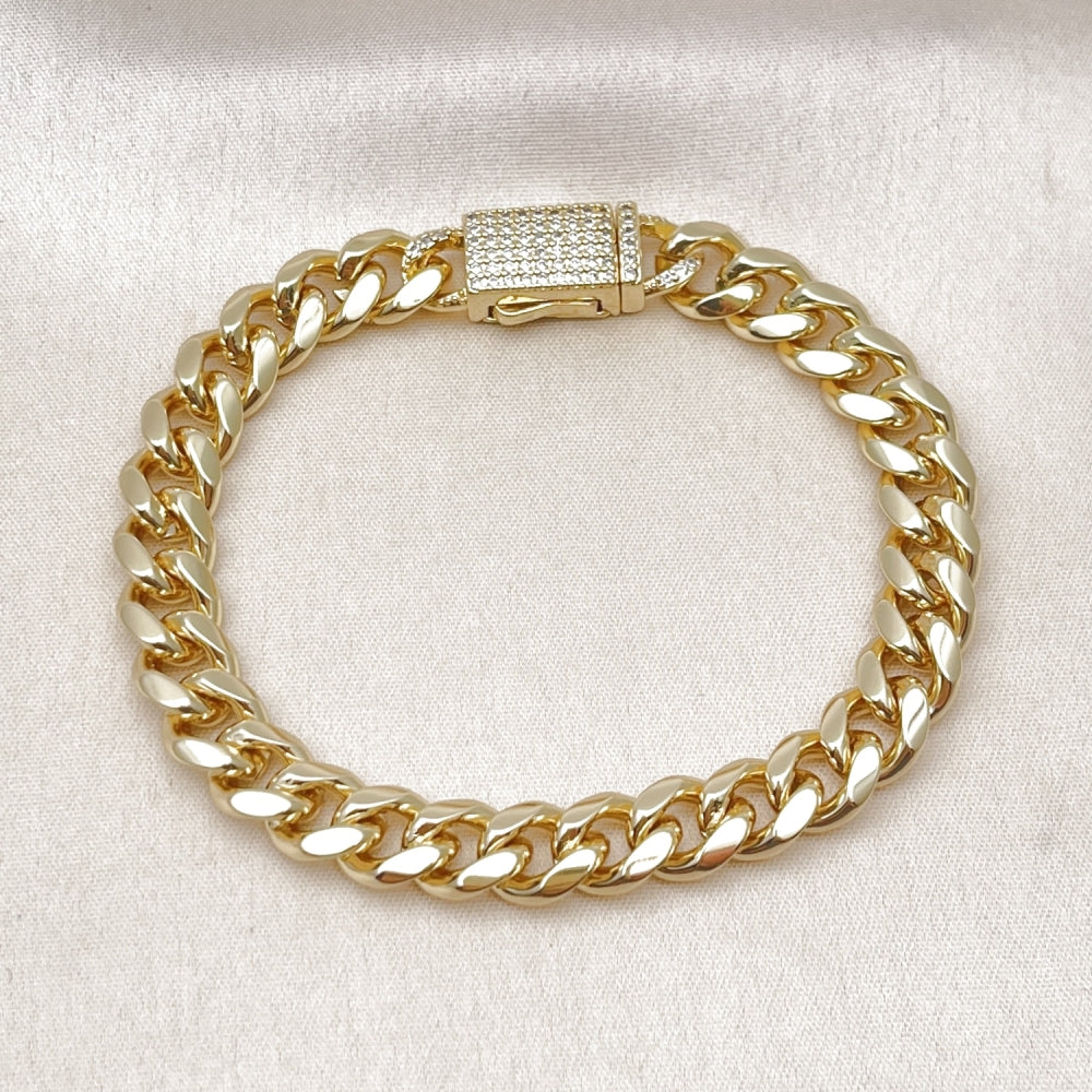 Oro Laminado Fancy Bracelet, Gold Filled Style Miami Cuban Design, with White Micro Pave, Polished, Golden Finish
