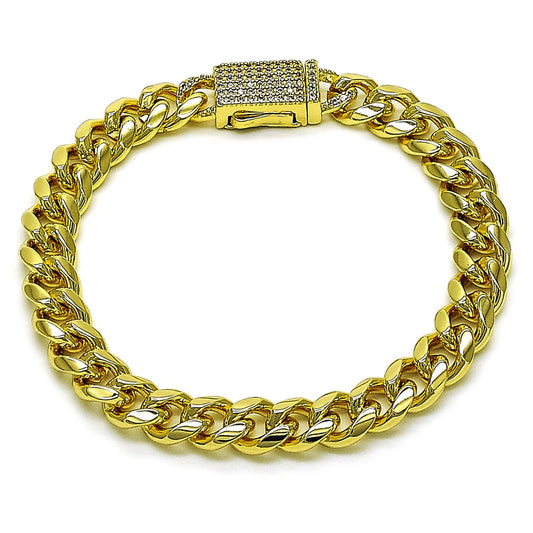 Oro Laminado Fancy Bracelet, Gold Filled Style Miami Cuban Design, with White Micro Pave, Polished, Golden Finish