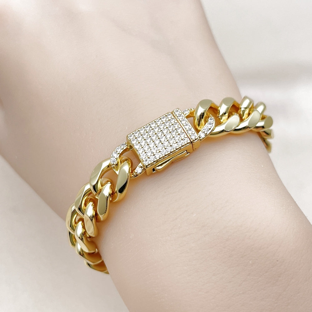 Oro Laminado Fancy Bracelet, Gold Filled Style Miami Cuban Design, with White Micro Pave, Polished, Golden Finish