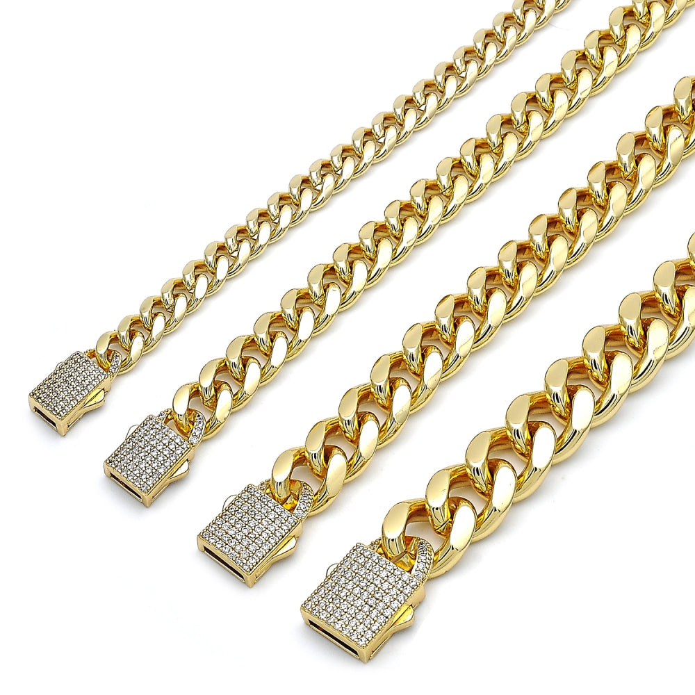 Oro Laminado Fancy Bracelet, Gold Filled Style Miami Cuban Design, with White Micro Pave, Polished, Golden Finish
