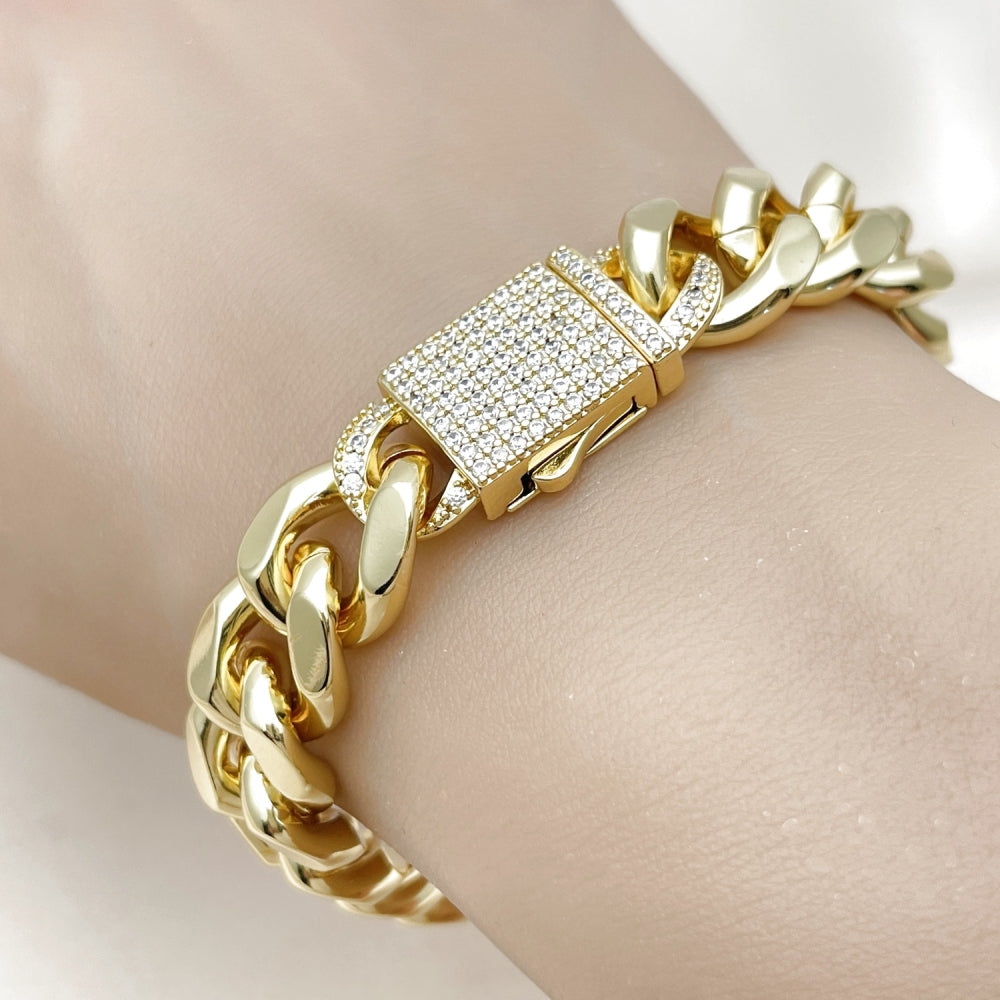 Oro Laminado Fancy Bracelet, Gold Filled Style Miami Cuban Design, with White Cubic Zirconia, Polished, Golden Finish