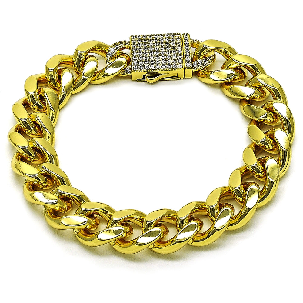 Oro Laminado Fancy Bracelet, Gold Filled Style Miami Cuban Design, with White Cubic Zirconia, Polished, Golden Finish
