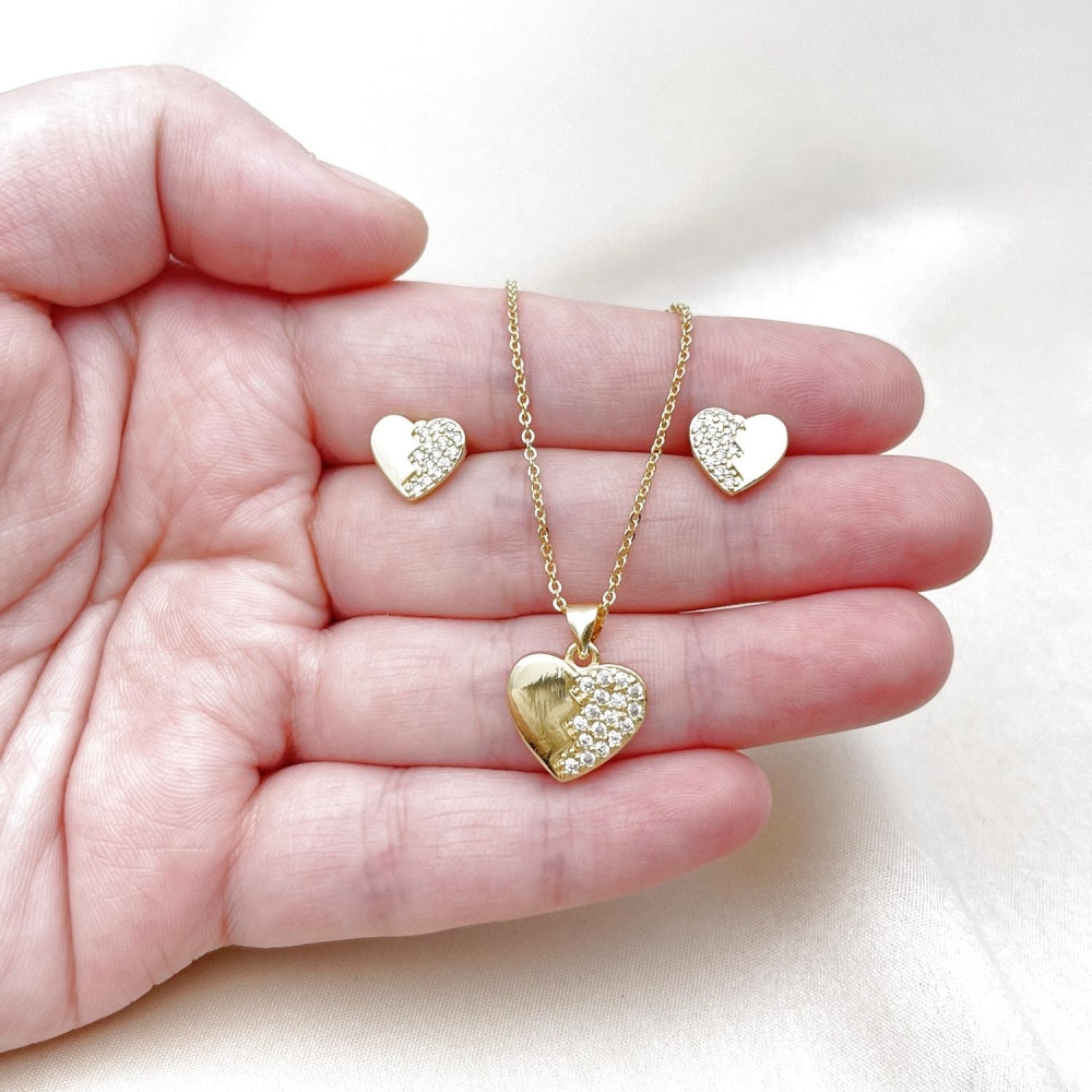 Oro Laminado Earring and Pendant Adult Set, Gold Filled Style Heart Design, with White Cubic Zirconia, Polished, Golden Finish