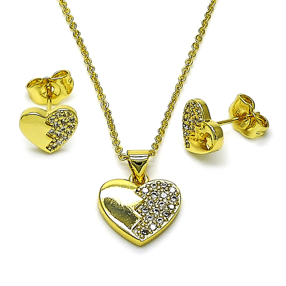 Oro Laminado Earring and Pendant Adult Set, Gold Filled Style Heart Design, with White Cubic Zirconia, Polished, Golden Finish