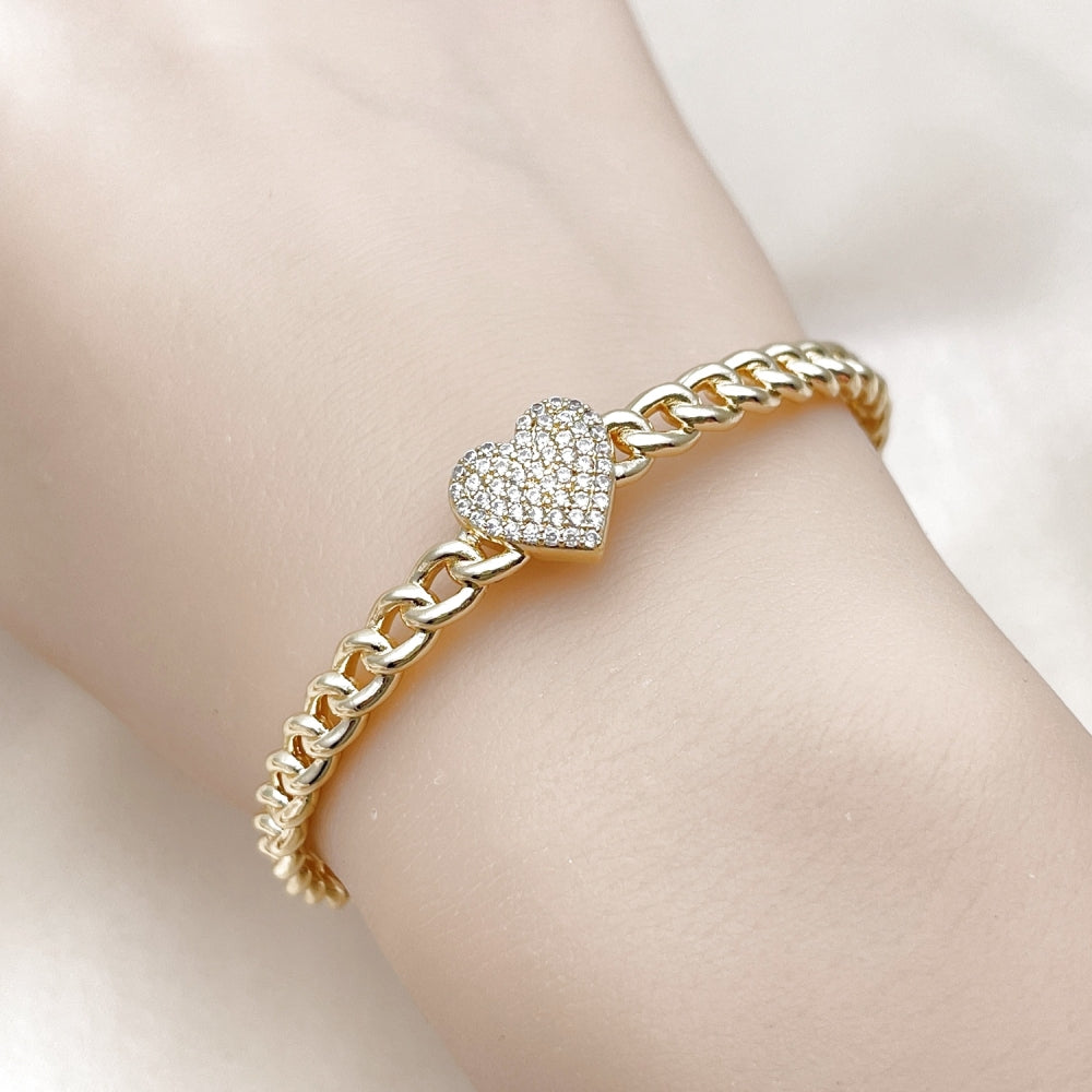 Oro Laminado Individual Bangle, Gold Filled Style Heart and Miami Cuban Design, with White Micro Pave, Polished, Golden Finish