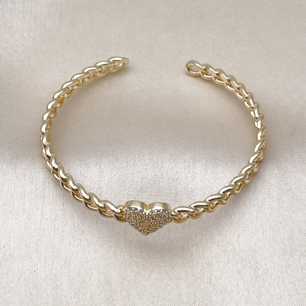 Oro Laminado Individual Bangle, Gold Filled Style Heart and Miami Cuban Design, with White Micro Pave, Polished, Golden Finish