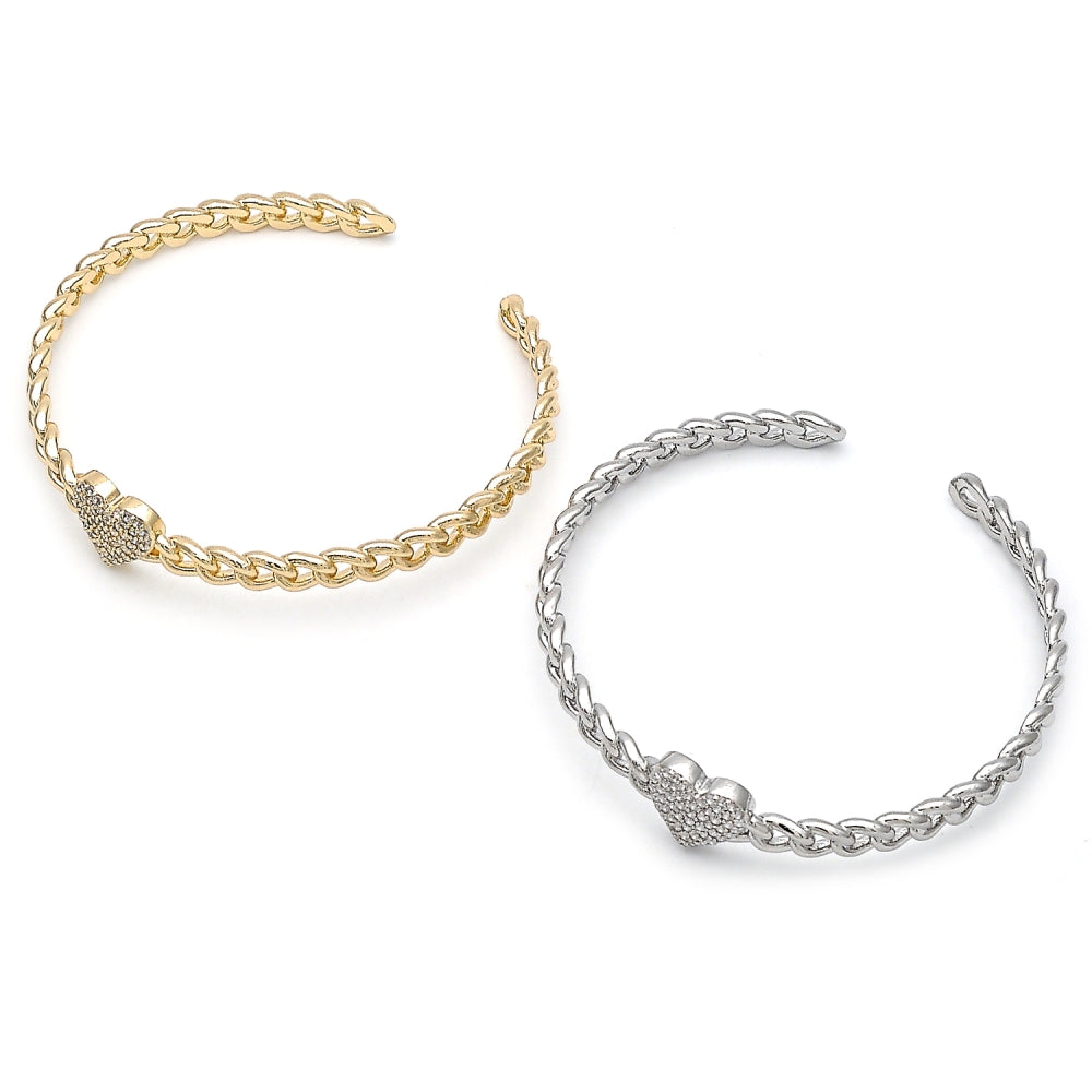 Oro Laminado Individual Bangle, Gold Filled Style Heart and Miami Cuban Design, with White Micro Pave, Polished, Golden Finish