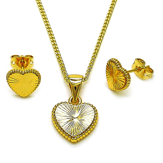 Oro Laminado Earring and Pendant Adult Set, Gold Filled Style Heart Design, Diamond Cutting Finish, Golden Finish