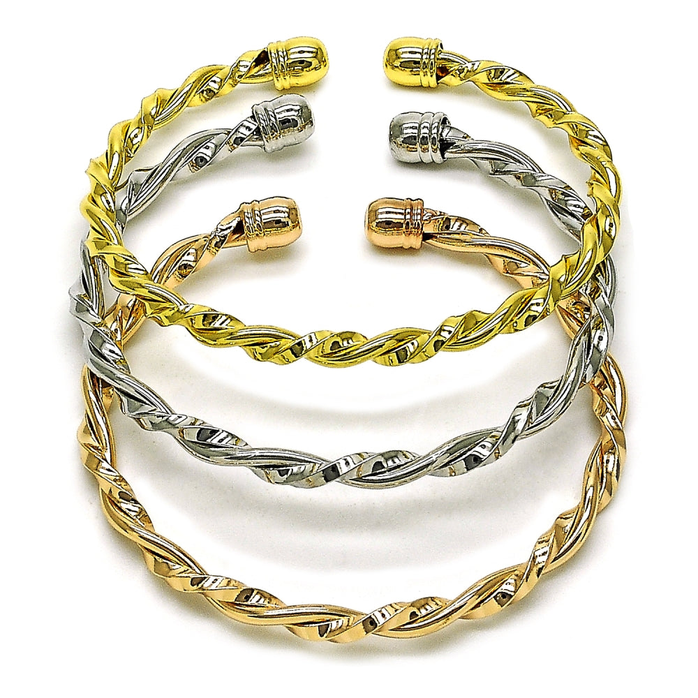 Oro Laminado Trio Bangle, Gold Filled Style Twist Design, Polished, Tricolor