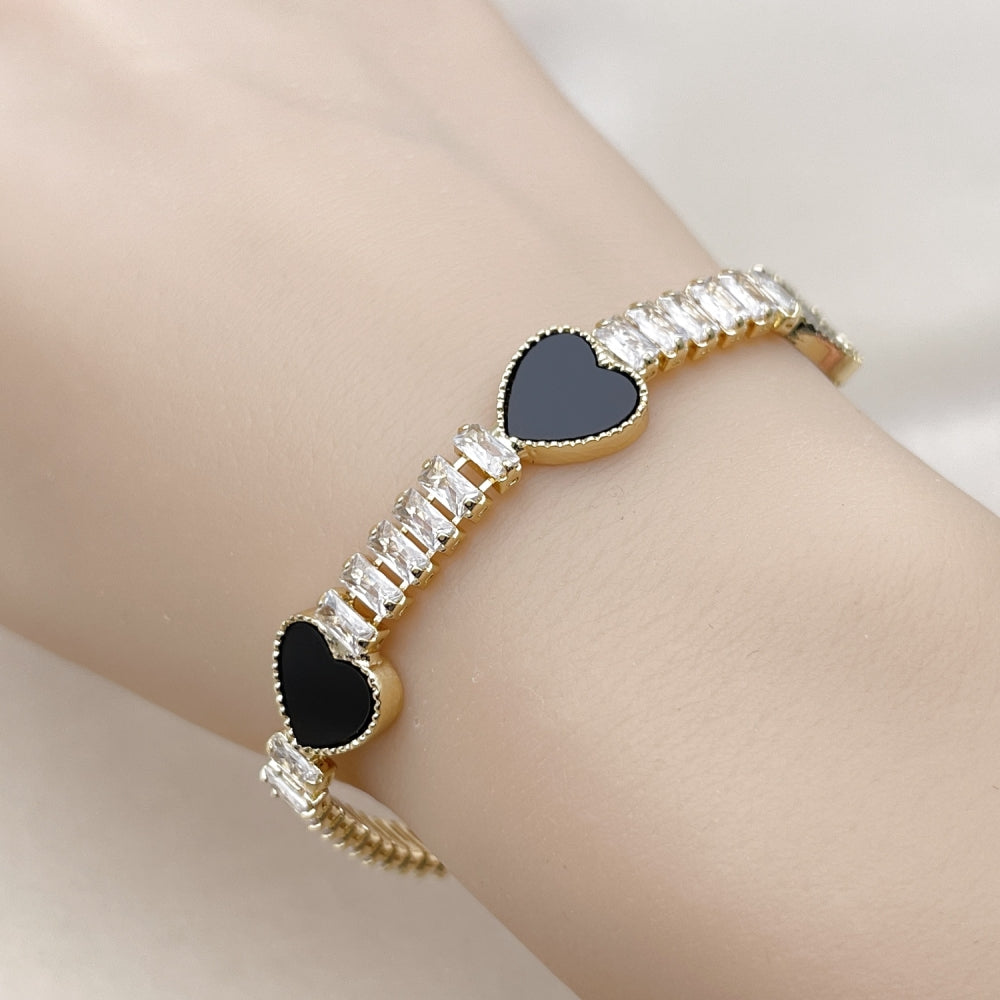 Oro Laminado Fancy Bracelet, Gold Filled Style Heart and Baguette Design, with Black Mother of Pearl and White Cubic Zirconia, Polished, Golden Finish