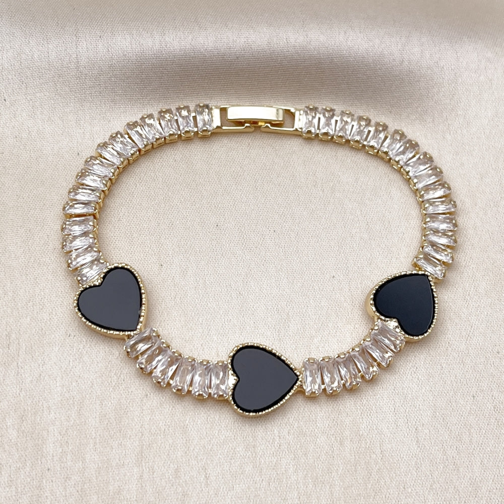 Oro Laminado Fancy Bracelet, Gold Filled Style Heart and Baguette Design, with Black Mother of Pearl and White Cubic Zirconia, Polished, Golden Finish