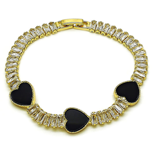 Oro Laminado Fancy Bracelet, Gold Filled Style Heart and Baguette Design, with Black Mother of Pearl and White Cubic Zirconia, Polished, Golden Finish