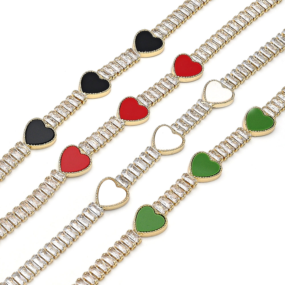 Oro Laminado Fancy Bracelet, Gold Filled Style Heart and Baguette Design, with Black Mother of Pearl and White Cubic Zirconia, Polished, Golden Finish