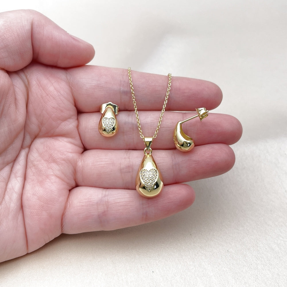 Oro Laminado Earring and Pendant Adult Set, Gold Filled Style Teardrop and Heart Design, with White Micro Pave, Polished, Golden Finish