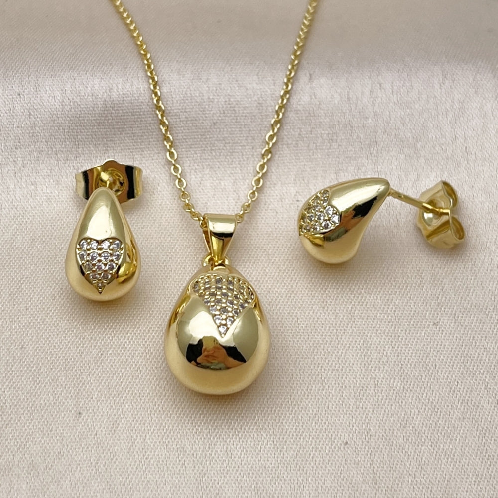 Oro Laminado Earring and Pendant Adult Set, Gold Filled Style Teardrop and Heart Design, with White Micro Pave, Polished, Golden Finish