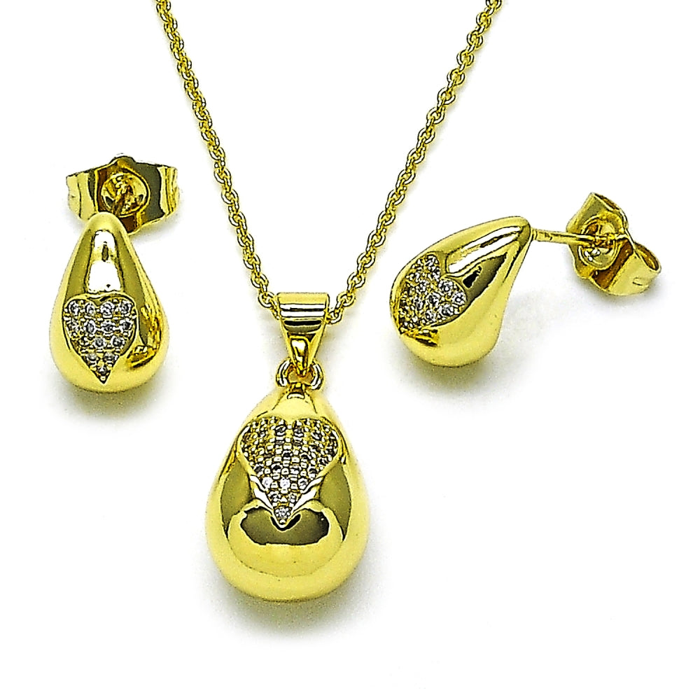 Oro Laminado Earring and Pendant Adult Set, Gold Filled Style Teardrop and Heart Design, with White Micro Pave, Polished, Golden Finish