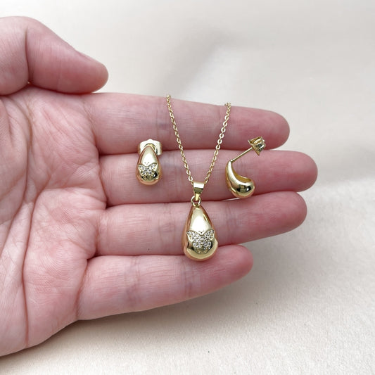 Oro Laminado Earring and Pendant Adult Set, Gold Filled Style Teardrop and Butterfly Design, with White Micro Pave, Polished, Golden Finish