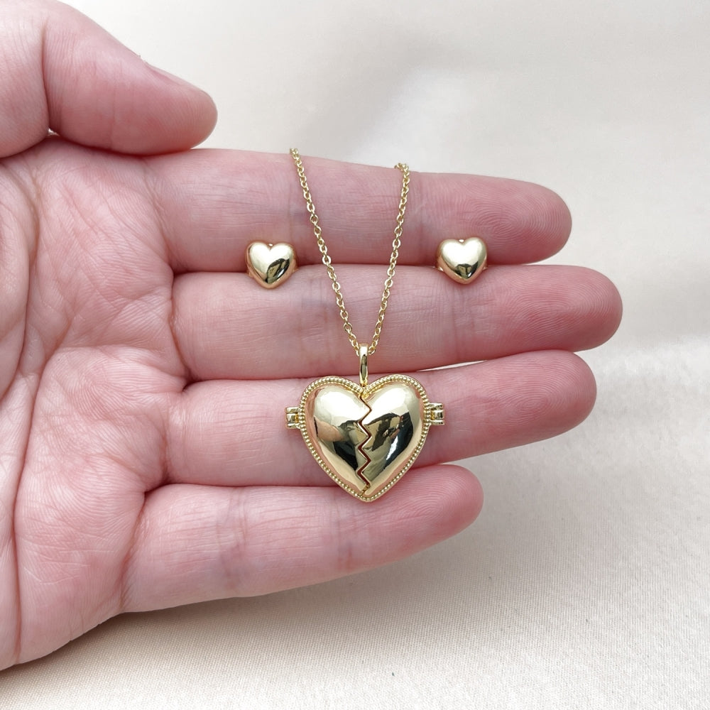 Oro Laminado Earring and Pendant Adult Set, Gold Filled Style Heart Design, Polished, Golden Finish
