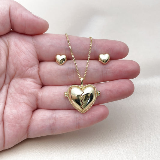 Oro Laminado Earring and Pendant Adult Set, Gold Filled Style Heart Design, Polished, Golden Finish