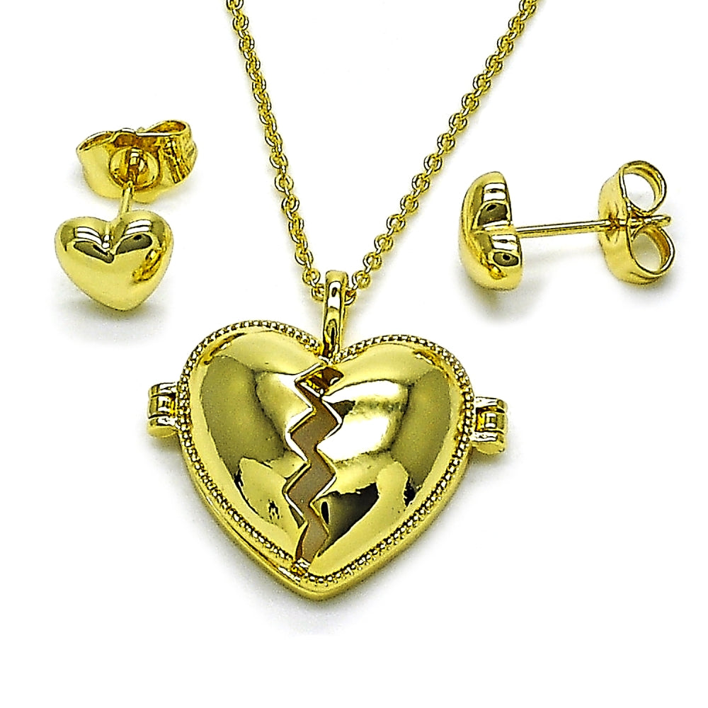 Oro Laminado Earring and Pendant Adult Set, Gold Filled Style Heart Design, Polished, Golden Finish