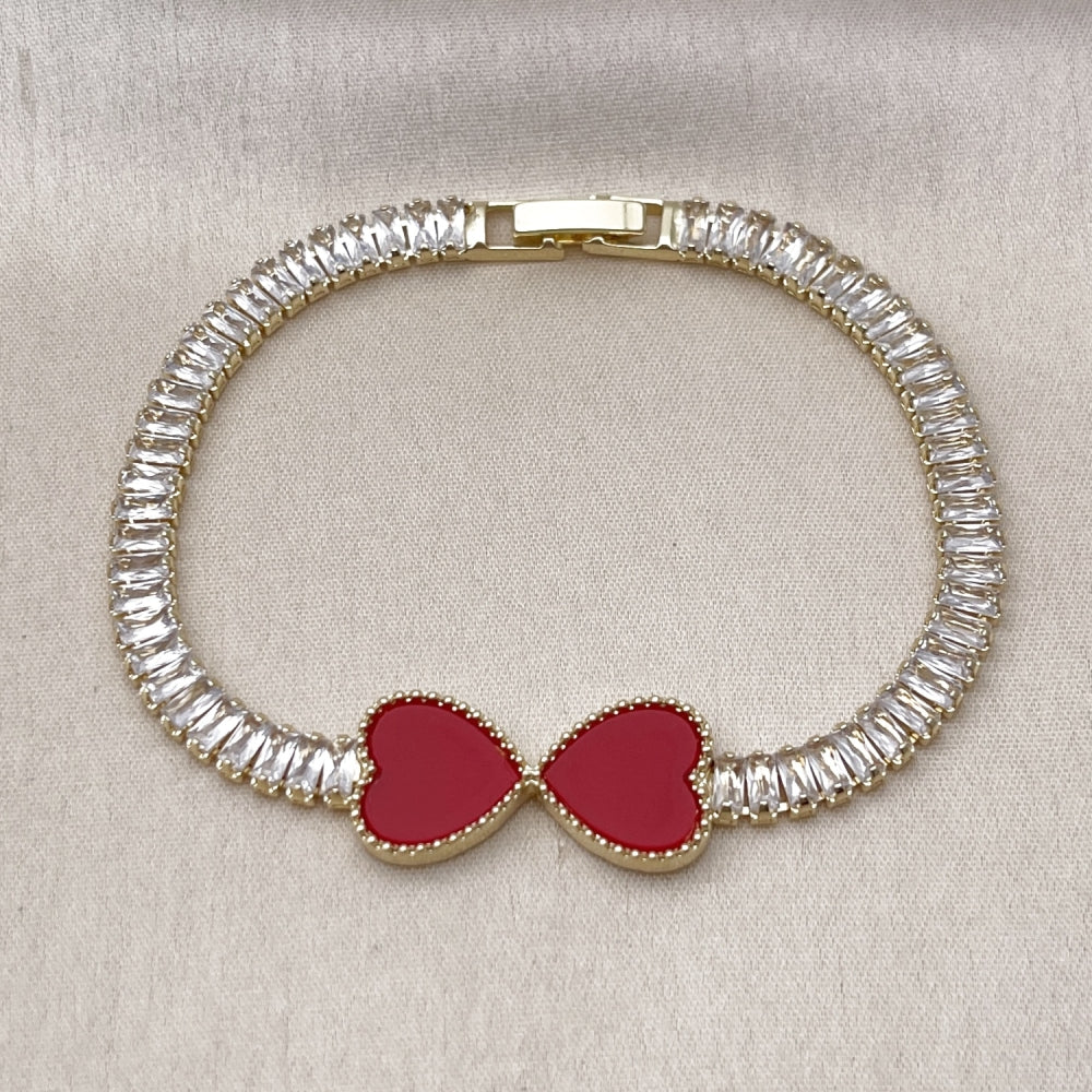 Oro Laminado Fancy Bracelet, Gold Filled Style Heart and Baguette Design, with Garnet Mother of Pearl and White Cubic Zirconia, Polished, Golden Finish