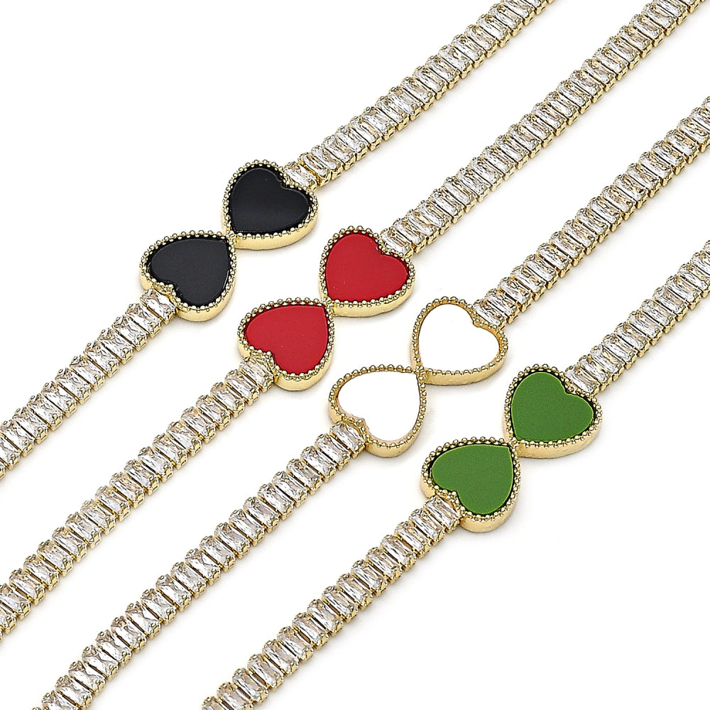 Oro Laminado Fancy Bracelet, Gold Filled Style Heart and Baguette Design, with Garnet Mother of Pearl and White Cubic Zirconia, Polished, Golden Finish