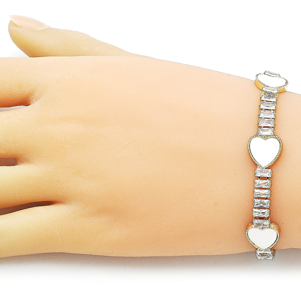 Oro Laminado Fancy Bracelet, Gold Filled Style Heart and Baguette Design, with Ivory Mother of Pearl and White Cubic Zirconia, Polished, Golden Finish