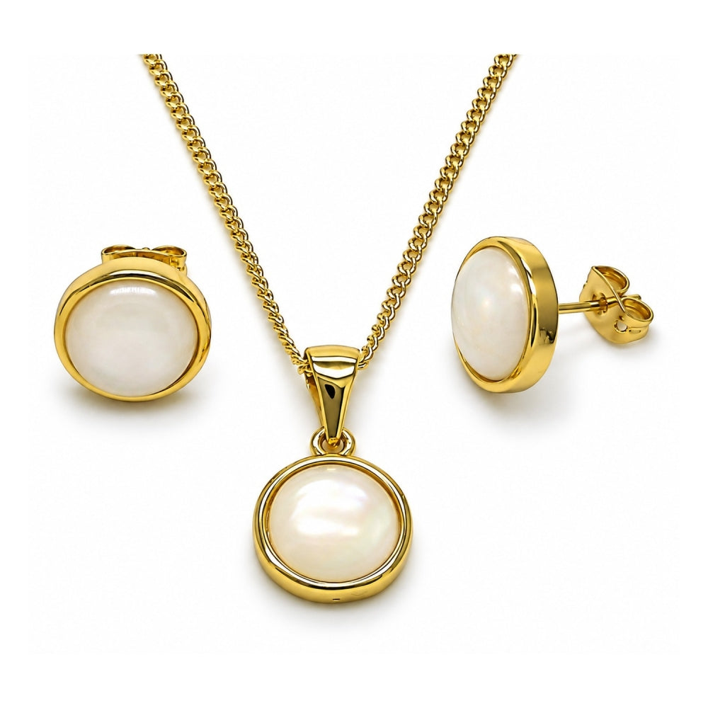 Oro Laminado Earring and Pendant Adult Set, Gold Filled Style with Ivory Opal, Polished, Golden Finish