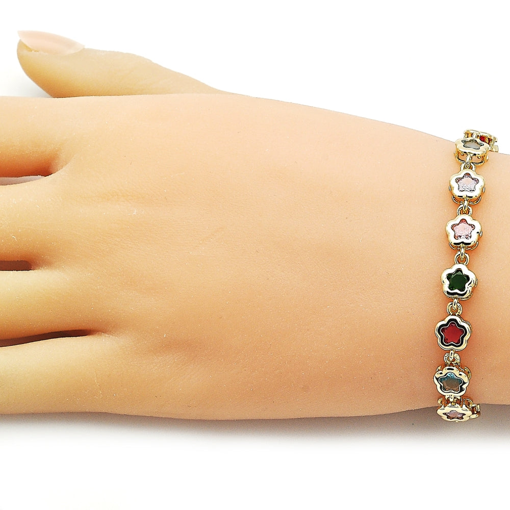 Oro Laminado Fancy Bracelet, Gold Filled Style Flower Design, with Multicolor Cubic Zirconia, Polished, Golden Finish