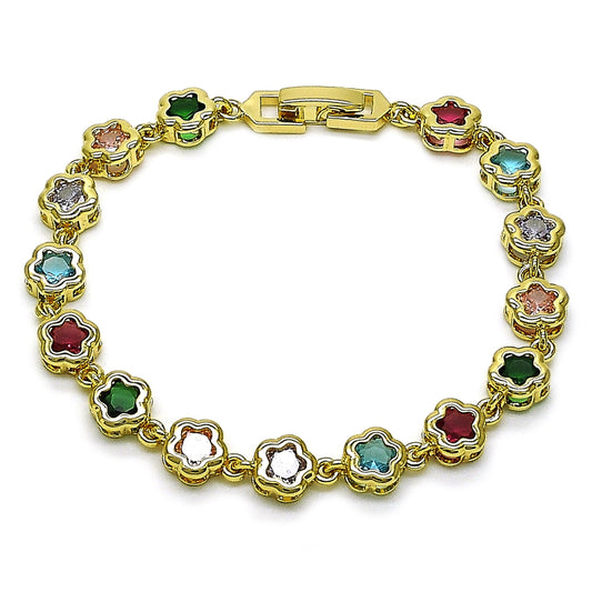 Oro Laminado Fancy Bracelet, Gold Filled Style Flower Design, with Multicolor Cubic Zirconia, Polished, Golden Finish