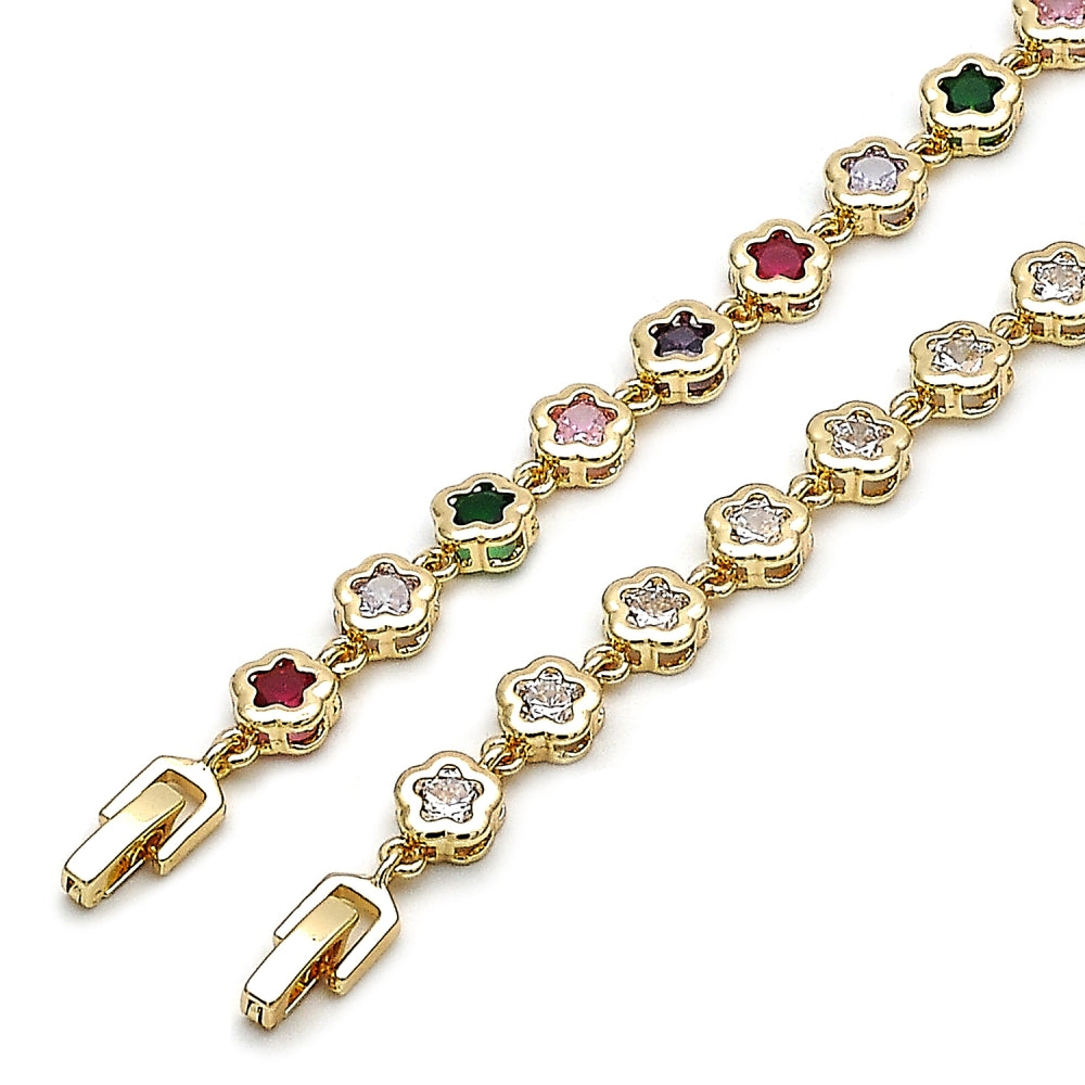 Oro Laminado Fancy Bracelet, Gold Filled Style Flower Design, with Multicolor Cubic Zirconia, Polished, Golden Finish