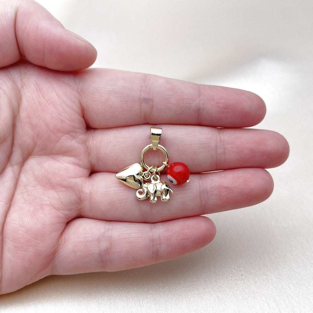 Oro Laminado Religious Pendant, Gold Filled Style Evil Eye and Heart Design, with Garnet Crystal, Polished, Golden Finish