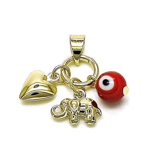 Oro Laminado Religious Pendant, Gold Filled Style Evil Eye and Heart Design, with Garnet Crystal, Polished, Golden Finish