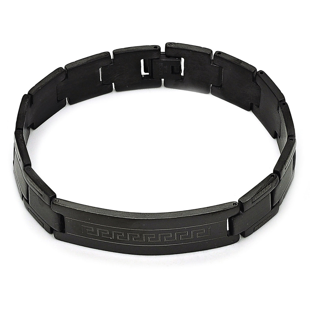 Stainless Steel Solid Bracelet, Greek Key Design, Polished, Black Rhodium Finish