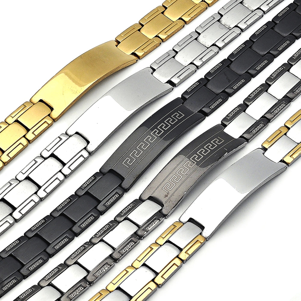Stainless Steel Solid Bracelet, Greek Key Design, Polished, Black Rhodium Finish