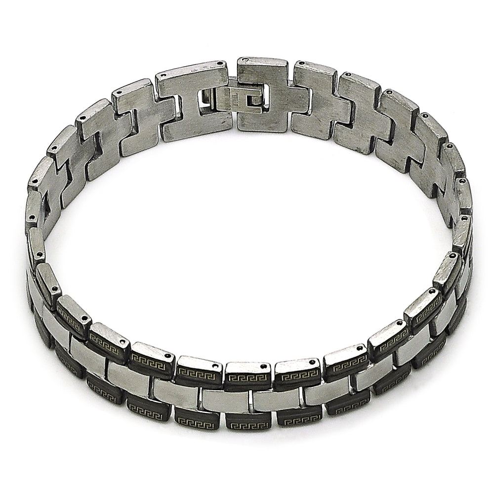 Stainless Steel Solid Bracelet, Greek Key Design, Polished, Two Tone
