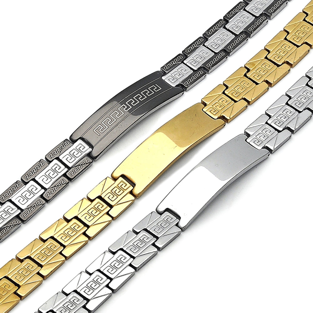 Stainless Steel Solid Bracelet, Greek Key Design, Polished, Golden Finish