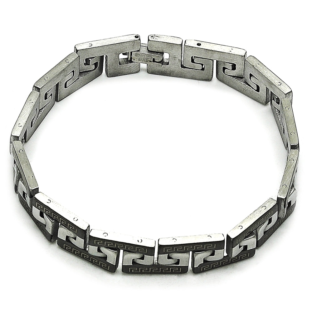 Stainless Steel Solid Bracelet, Greek Key Design, Polished, Two Tone