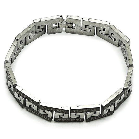 Stainless Steel Solid Bracelet, Greek Key Design, Polished, Two Tone
