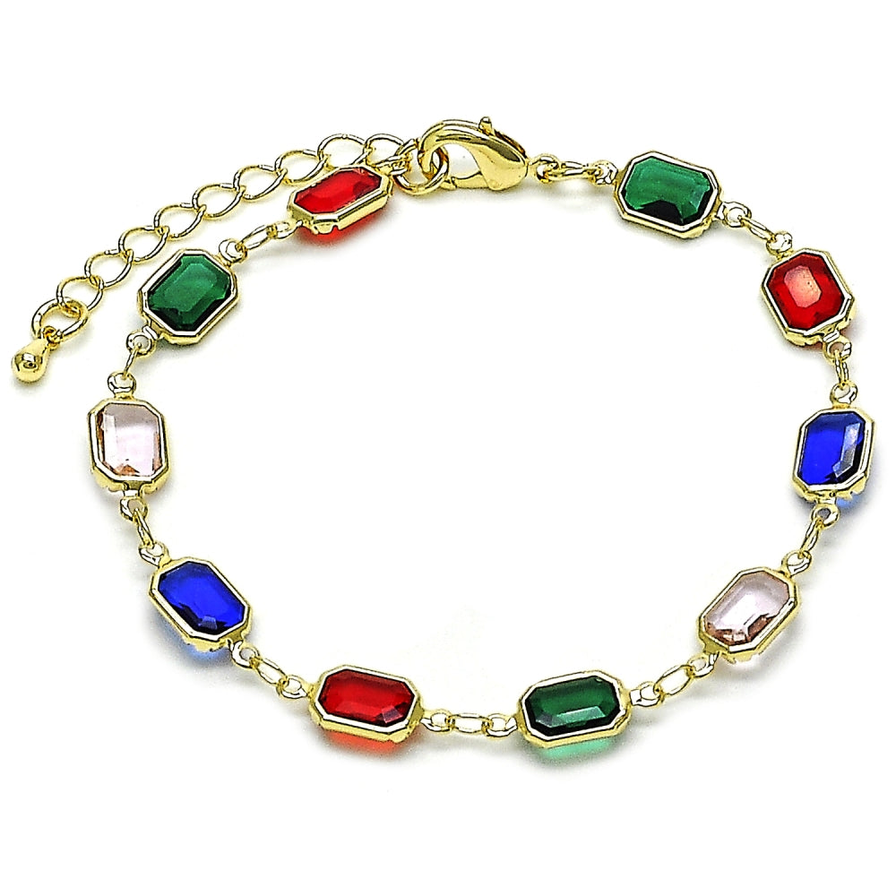 Oro Laminado Fancy Bracelet, Gold Filled Style with Multicolor Crystal, Polished, Golden Finish