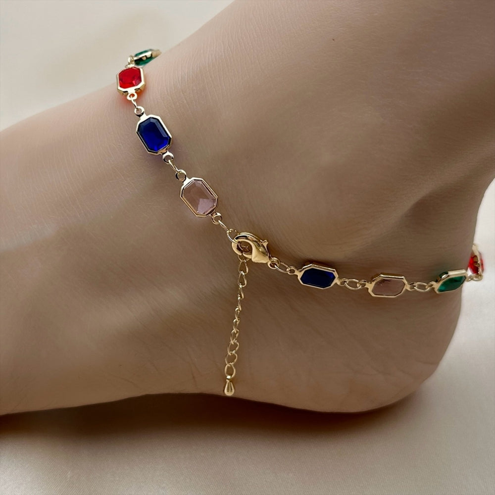 Oro Laminado Fancy Anklet, Gold Filled Style with Multicolor Crystal, Polished, Golden Finish