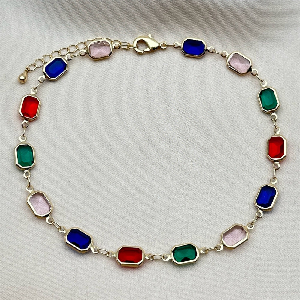 Oro Laminado Fancy Anklet, Gold Filled Style with Multicolor Crystal, Polished, Golden Finish