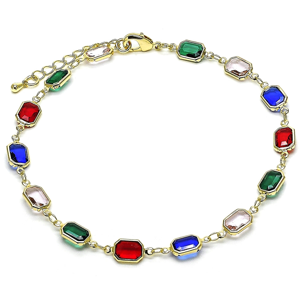 Oro Laminado Fancy Anklet, Gold Filled Style with Multicolor Crystal, Polished, Golden Finish