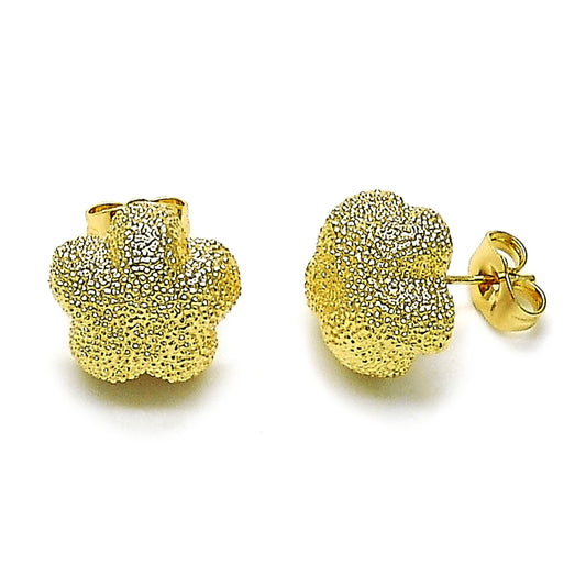Oro Laminado Stud Earring, Gold Filled Style Flower Design, Matte Finish, Golden Finish