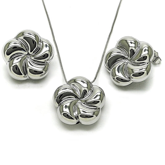 Rhodium Gold Filled Earring and Pendant Adult Set, Flower and Hollow Design, Polished, Rhodium Finish