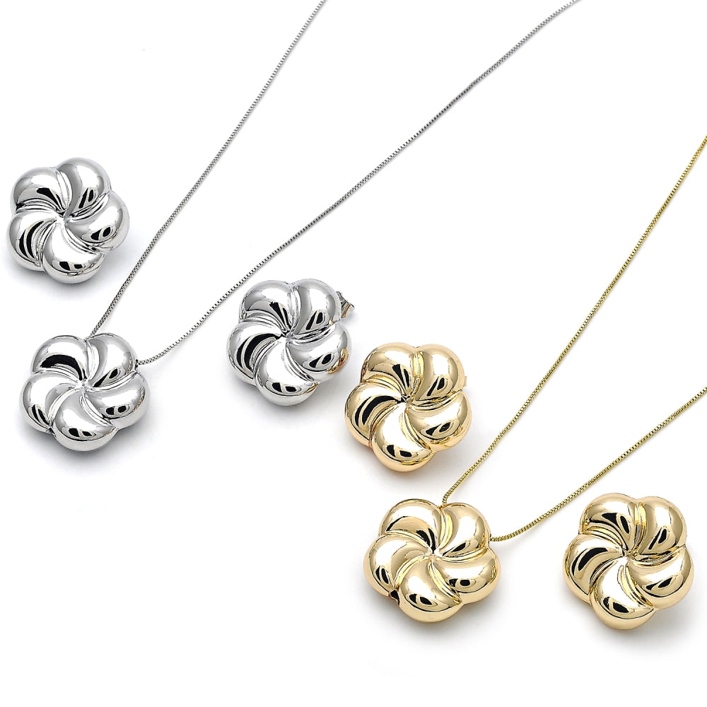 Rhodium Gold Filled Earring and Pendant Adult Set, Flower and Hollow Design, Polished, Rhodium Finish